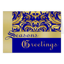 Gold & Blue Gold Damask Christmas Holiday Card