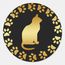 GOLD CAT AND PAWS ROUND STICKERS