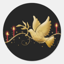 Gold Christmas dove of peace candles Round Stickers