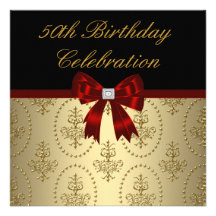 Gold Crest Red Bow Womans Elegant 50th Birthday Custom Announcement