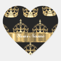 Gold crown pattern on black heart sticker
