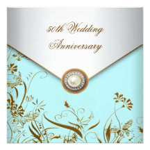 Gold Flower Pearl Teal 50th Wedding Anniversary Invitation