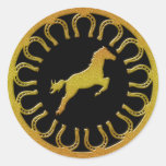 GOLD HORSE AND HORSESHOES ROUND STICKER