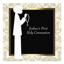 Gold Ivory Damask Rosary Boys First Communion Invite