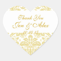 Gold Ivory Damask Wedding Favour Heart Sticker