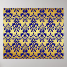 Gold, Navy Blue Damask Pattern 2 Poster