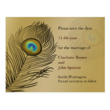 gold peacock wedding save the date post cards