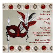 Gold Pearl Red Masquerade Party Personalized Invite
