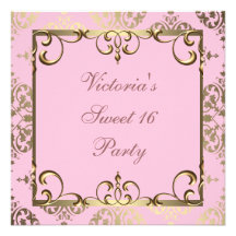 Gold Pink Damask Sweet 16 Birthday Party Personalized Invites