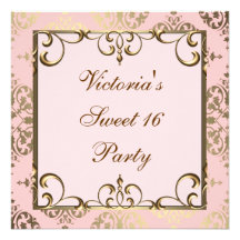 Gold Pink Damask Sweet 16 Birthday Party Invitation