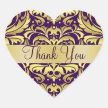 Gold & Purple Damask Thank You Heart Sticker