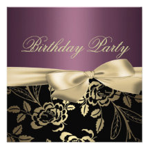 Gold & Purple Rose Leaf Bow Birthday Invitation