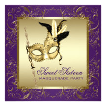Gold Purple Sweet Sixteen Masquerade Party Custom Announcements