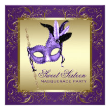 Gold Purple Sweet Sixteen Masquerade Party Custom Announcements