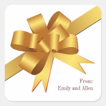 Gold satin gift bow ribbon Christmas holiday Square Stickers