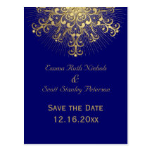Gold snowflake blue winter wedding Save the Date Post Cards