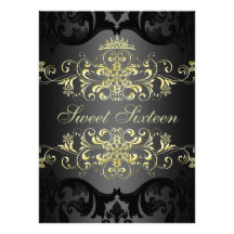 Gold Sweet16 Elegant Tiara Damask Birthday Invite