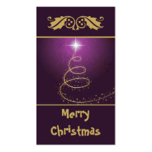 Golden abstract Christmas Tree on glowing purple Business Card Template