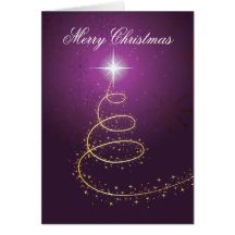 Golden abstract Christmas Tree on glowing purple Greeting Cards