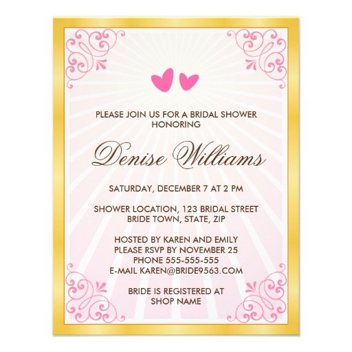 Golden border pink hearts romantic bridal shower invitation