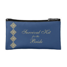 Golden Diamond Damask Blue Bridal Survival Kit Cosmetics Bags