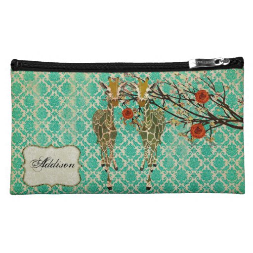 Golden Giraffes Green Damask Name Plate Cosmetic B Makeup Bags