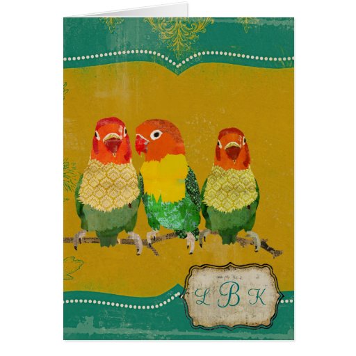 Golden Love Birds Monogram Notecard