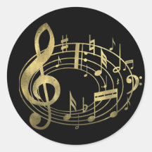 Golden musical notes in oval shape round sticker