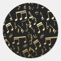Golden musical notes on Black background Round Stickers