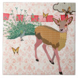 Golden Rose Deer & Peacock Pink Damask Tile