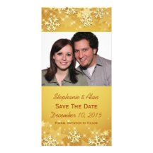 Golden Snowflakes Save The Date Photo Cards
