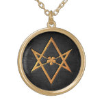 Golden Thelemic Unicursal Hexagram Black Leather Custom Necklace