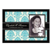 Golden Years Damask Birthday Party Invite (aqua)
