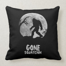 Gone Squatchin, sasquatch silhouette with moon Throw Pillows