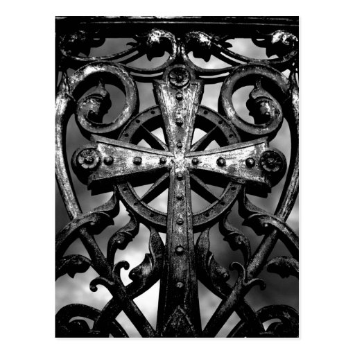Gothic cemetery wrought iron celtic cross in heart post card