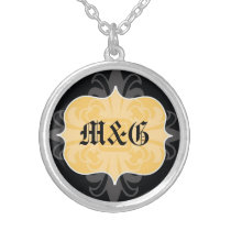 Gothic letter monogram initial yellow black emblem necklaces