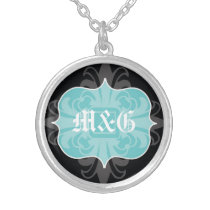 Gothic letter monogram initials blue black emblem necklaces