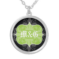 Gothic letter monogram initials green black emblem necklaces