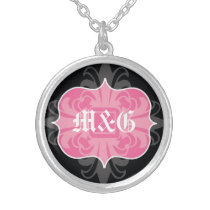 Gothic letter monogram initials pink black emblem necklaces