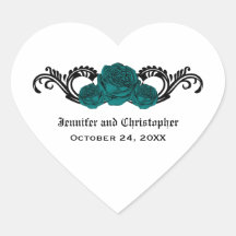 Gothic Swirl Roses Wedding Stickers, Teal