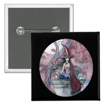 Gothic Witch Cat Halloween Button, Pin