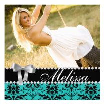 Grad Announcement Damask Turquoise Photo Modern invitations