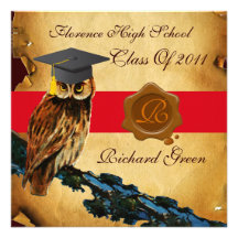 GRADUATION OWL PARCHMENT BROWN WAX SEAL MONOGRAM PERSONALISED ANNOUNCEMENTS