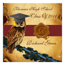 GRADUATION OWL PARCHMENT BROWN WAX SEAL MONOGRAM PERSONALIZED INVITE