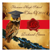 GRADUATION OWL PARCHMENT RED WAX SEAL MONOGRAM PERSONALISED INVITE