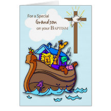 Grandson Baptism Card with Noah's Ark, Blue