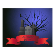 Gravestone and red banner invitation