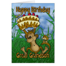Great Grandson Happy Birthday with monkey holding Cards