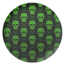 Green and Black Sugar Skull Pattern Dinner Plates