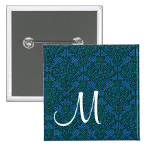 Green and Blue Damask Pinback Button